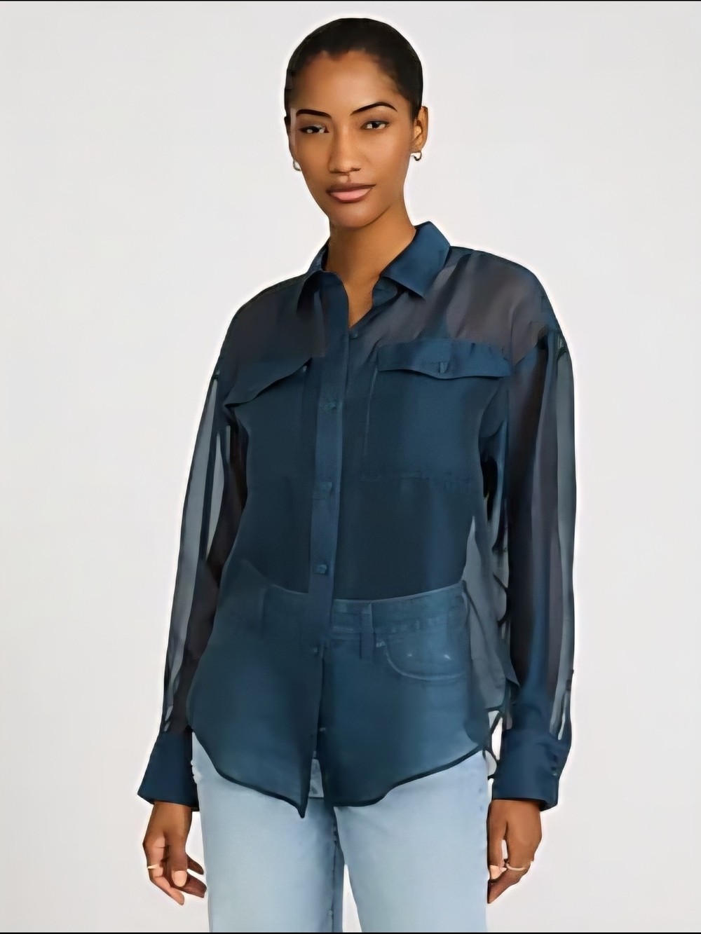Express Sheer Crepe Double Pocket Boyfriend Shirt In Navy Teal